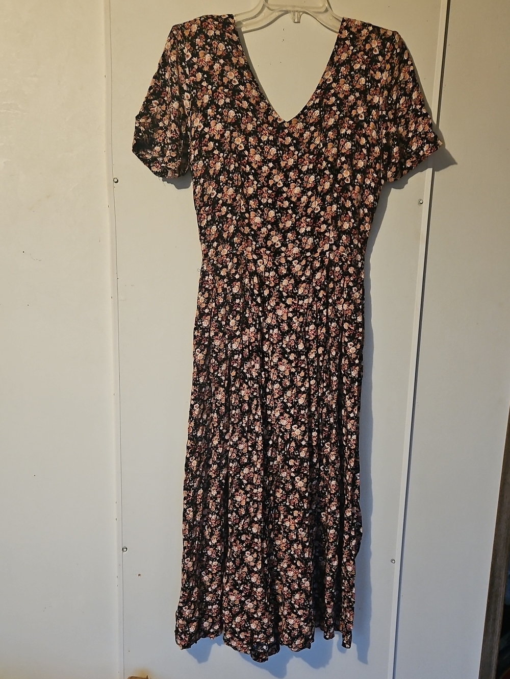 CDC Vintage Black Floral Maxi Dress with Pink Roses